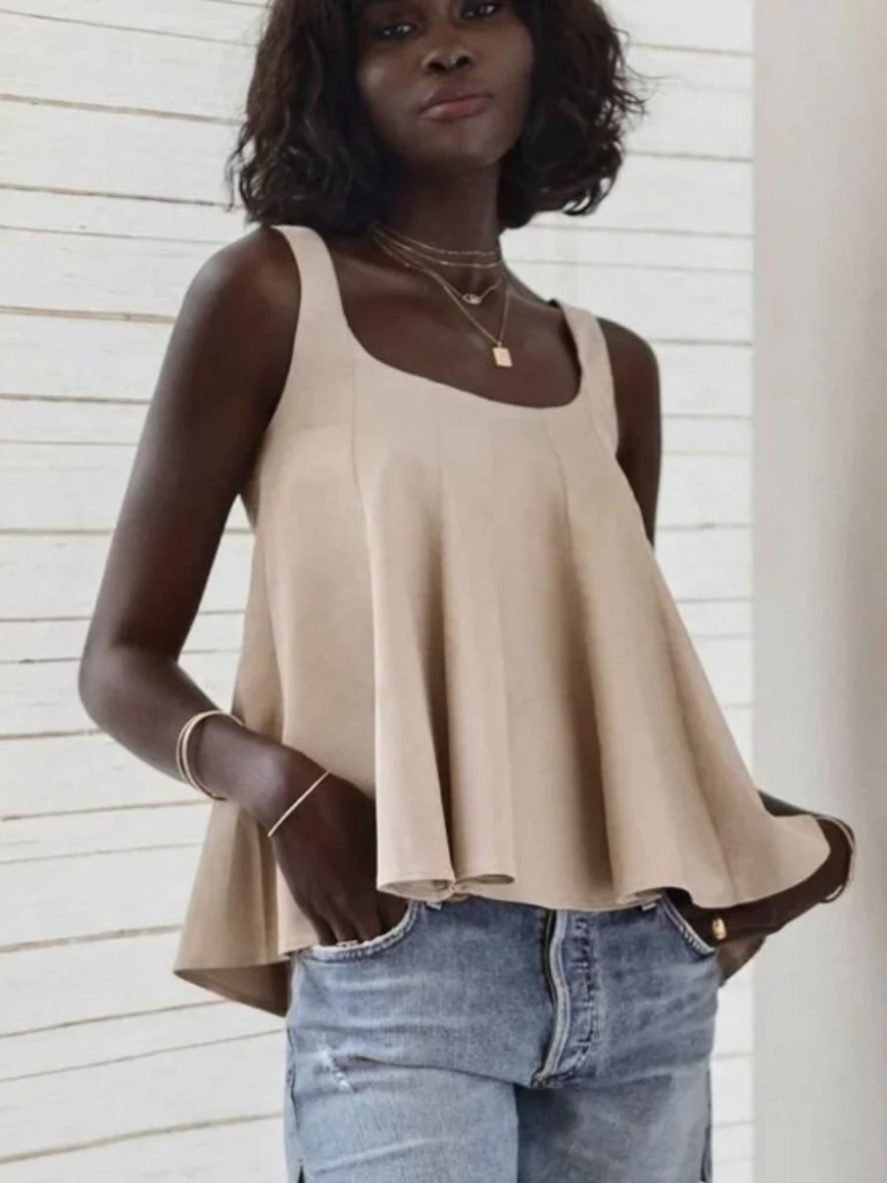 Club Monaco Wide Neck Tank Cotton Blend Swing Blouse Beige Color Size XS